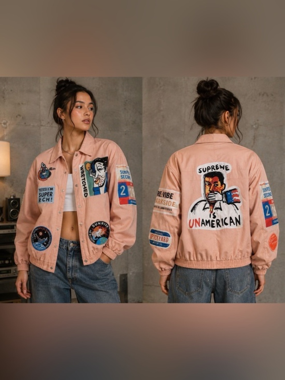 Chaoyuechaoliu Pink Patch Graphic Bomber Jacket Streetwear Oversized L/XL